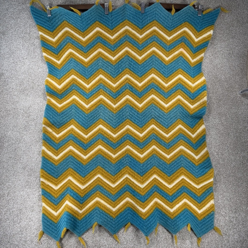 VTG Wool Blanket Colourful Chevron Stripe Small Baby Felted / Shrunk Blue Yellow